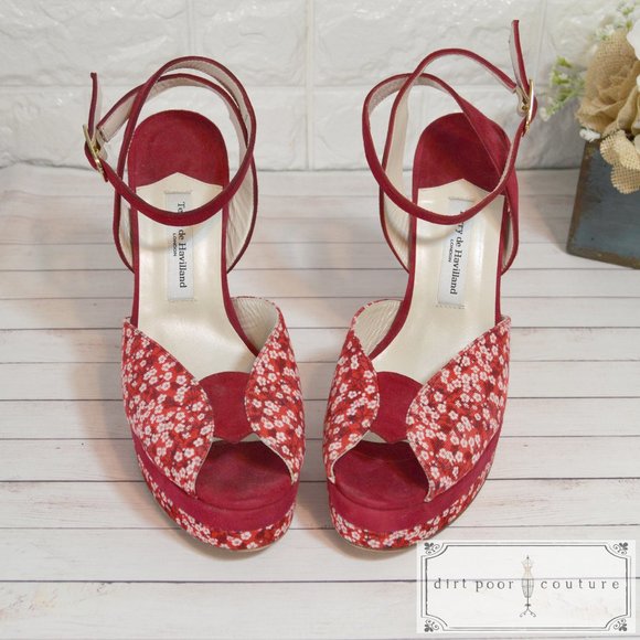 RARE, Vintage, Peep Toe, Red Velvet, Platform Shoes, Terry de Havilland - Picture 1 of 6